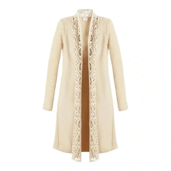 Chico’s Leslie Lace Long Line Knit Open Front Cardigan Cream Medium - Picture 1 of 11